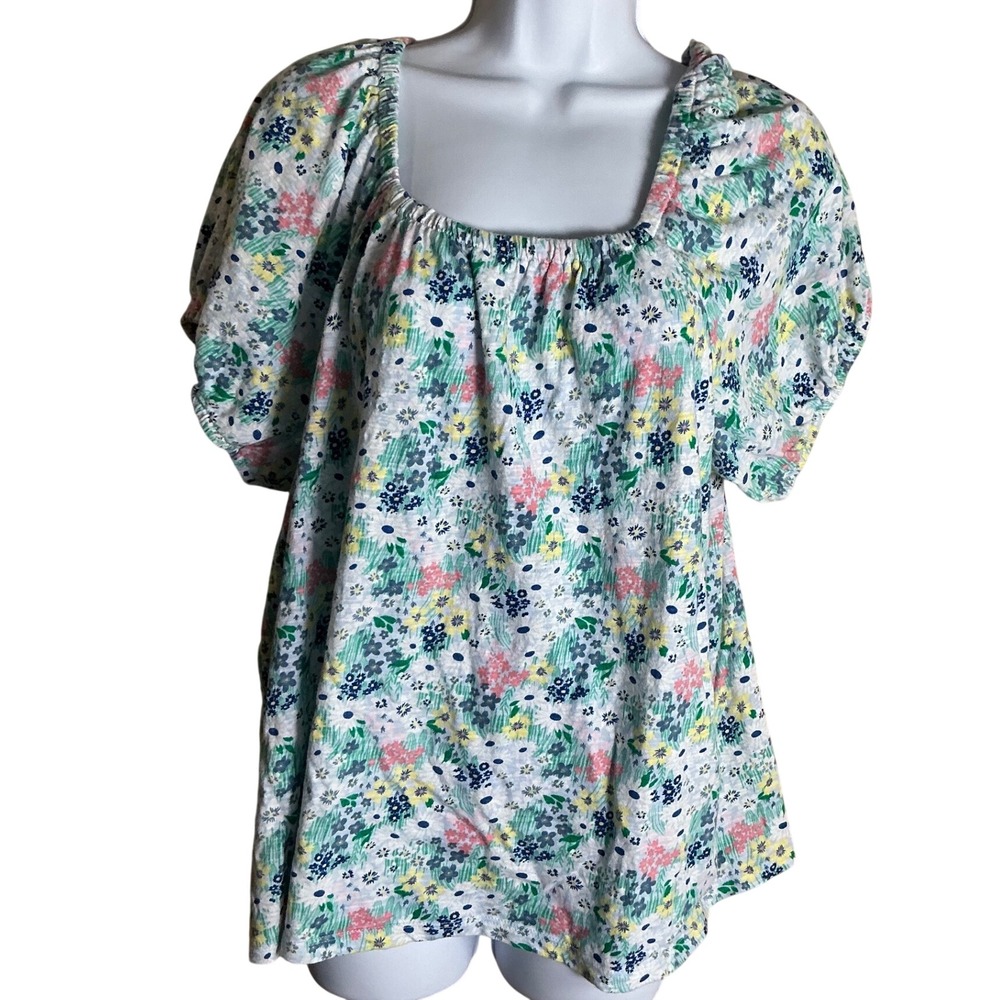 Style & Co Floral‎ Print Square Neck Puff Sleeve Top Women's Large